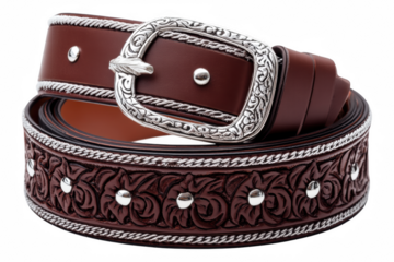 Crafting a mexican charro belt intricate leather tooling and silver accents, isolated on transparent background