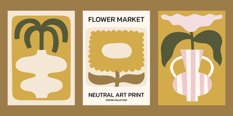 Neutral colors floral vector posters set. Minimalist print designs with flowers and plants in vase, flower market