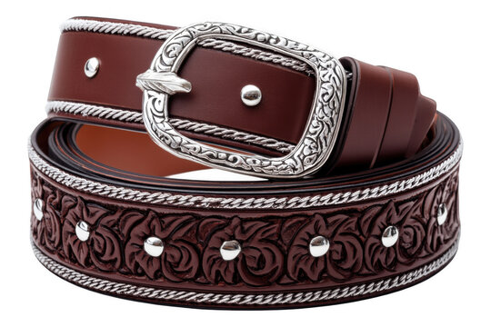 Crafting a mexican charro belt intricate leather tooling and silver accents, isolated on transparent background