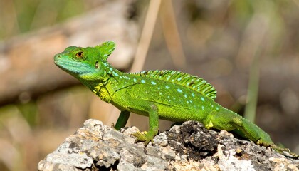 Fototapeta premium Striking Green Basilisk lizard on a rugged rock formation in natural habitat