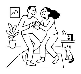 Couple Dancing Playfully at Home – Minimal Line Art Illustration