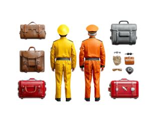 Travel Ready: Two uniformed figures stand back-to-back, surrounded by various travel bags and accessories, ready for their journey.