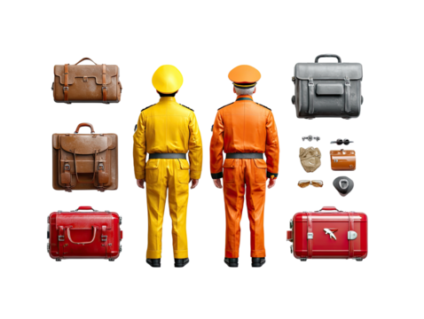 Travel Ready: Two uniformed figures stand back-to-back, surrounded by various travel bags and accessories, ready for their journey.