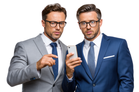 Focused Conversation: Two impeccably dressed men, absorbed in a smartphone's display, showcase the seamless integration of technology and professional life, offering a modern view of business.