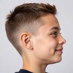 Naklejka premium Smiling boy with short haircut in profile view on white background