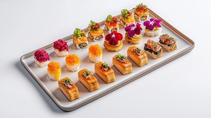 Assorted Appetizers on Tray, Sushi and Pastries
