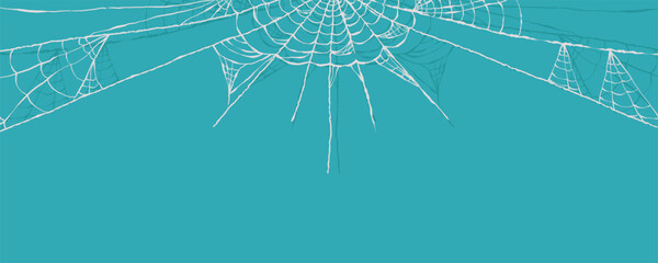 Halloween Blue Banner with Minimal Spider Web Frame in Hand Drawn Style. Doodle arachnid web perfect for cards, party invitations, web