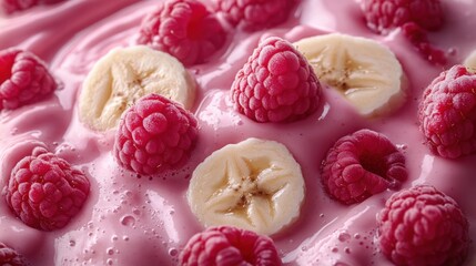 Smooth and creamy raspberry banana dessert topped with fresh fruits in a bowl ready to enjoy