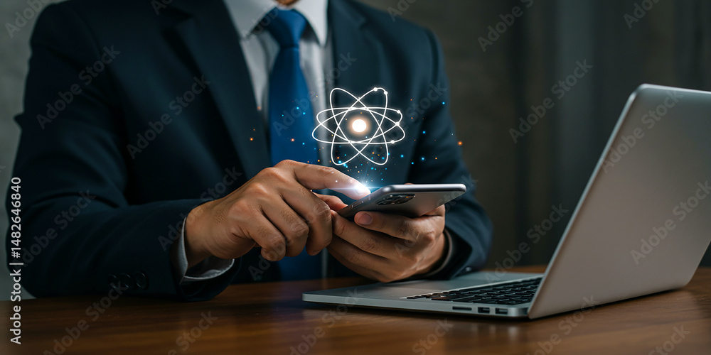 Poster science technology atom research innovation businessman using mobile phone and laptop for analysis