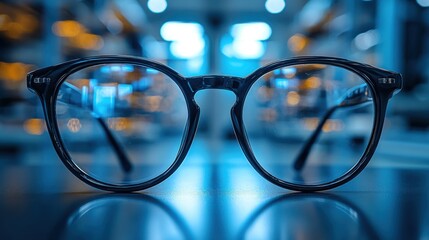 Stylish black eyeglasses resting on a smooth surface in a bright, modern interior