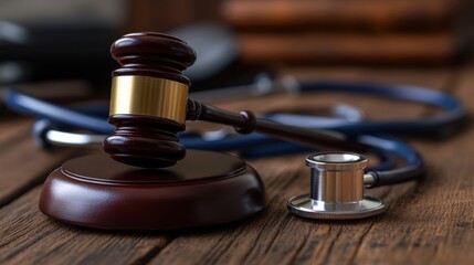 Law and medicine symbols representing justice and healthcare on wooden surface