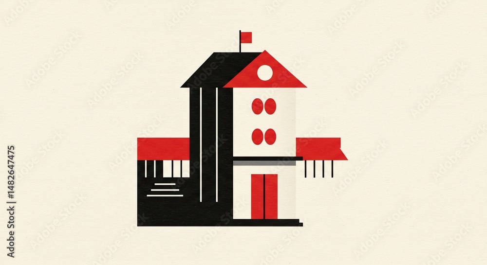 Poster geometric illustration of a modern building with red and black color scheme
