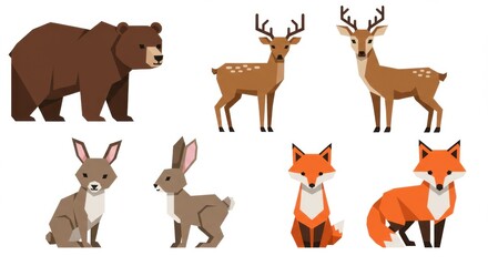 Geometric illustrations of diverse forest animals against a clean white background