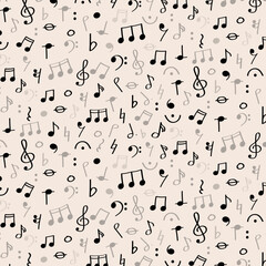 Seamless dense pattern of music notes and symbols for World Music Day or Education Month. Busy seamless pattern featuring small musical icons in black on soft background. Ideal for music-themed produc