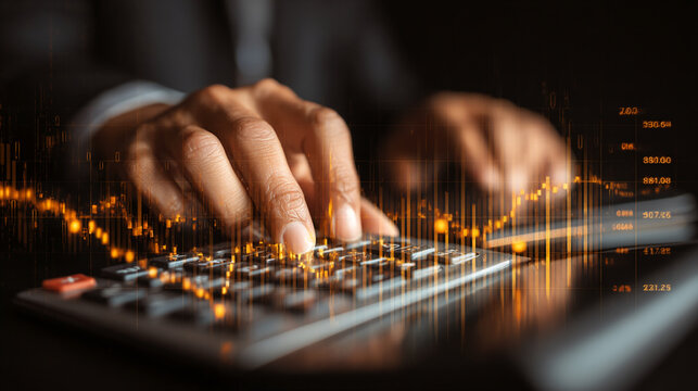 Close-up of hands using calculator, overlaid with glowing stock market graph, symbolizing financial analysis, data processing, and market trends