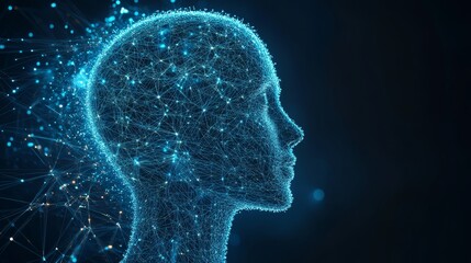 Futuristic Light Blue Digital Human Head in Profile – AI Particle Network, Deep Blue Background & Technological Intelligence Concept Art