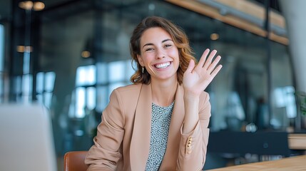 Fototapeta premium Happy Businesswoman Smiling and Waving During Video Call Meeting