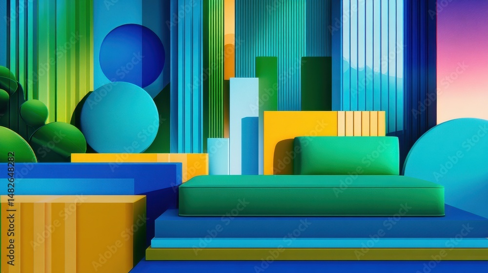 Poster vibrant abstract geometric arrangement with colorful shapes and a green sofa in a modern setting