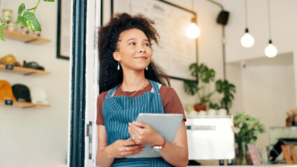 Thinking, tablet and waitress or woman in cafe for reflection, digital inventory and restaurant supply checklist. Vision, catering review and small business owner with person in coffee shop for menu