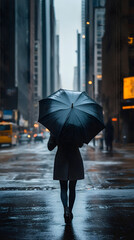 a city-dweller struggling to hold onto their umbrella on a windy city street vertical - black background