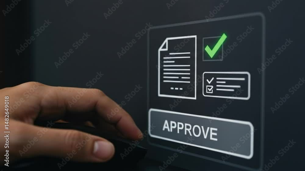 Aufkleber digital approval process: man's finger presses approve button on touchscreen interface