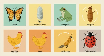 Illustrated life cycle stages of different animals with colorful backgrounds