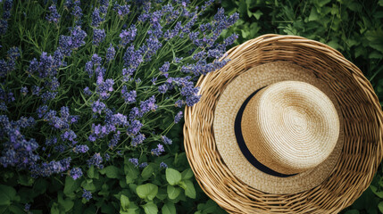 Lavender field with woven straw hat resting among vibrant purple flowers in sunny daylight