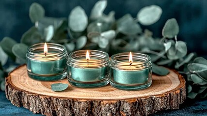 Three lit tealight candles on a wooden slice surrounded by eucalyptus leaves, creating a serene ambiance - Powered by Adobe