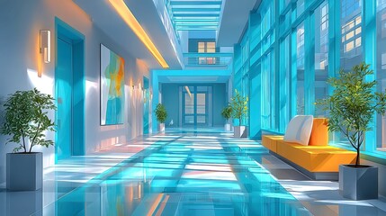 Hospital corridor scene, vibrant light casts dynamic shadows, conveying urgency and compassion, sterile environment, bustling staff and patients in motion, echoes of healing and hope.