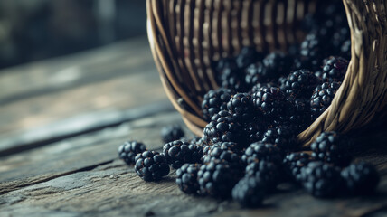 Close-up of blackberries spilling from a wicker basket onto a rustic wooden surface