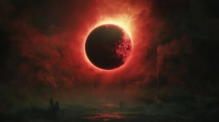 Crimson eclipse over a misty landscape.