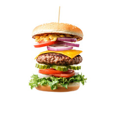 Appetizing burger with visible layers of cheese, greens, patty, tomatoes, isolated on a transparent background