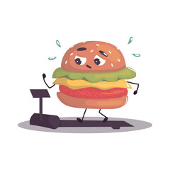 Burger Mascot Running on Treadmill. Funny burger character sweating while jogging on a treadmill. Perfect for fitness humor, food-related content, or app icons.
