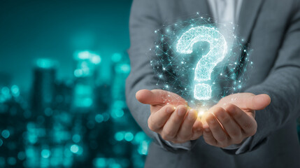 Hands hold glowing question mark, network structure, symbolizes inquiry, problem-solving, digital assistance, futuristic concept