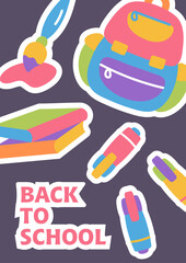 Trendy minimal school poster with school supplies and typography. Back to school, study concept. School background, cover, banner, flyer design. Back to school design. Vector illustration