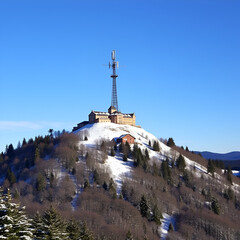 Jested Mountain with unique hotel and TV transmitter on the top on sunny winter day, Liberec, Czechia