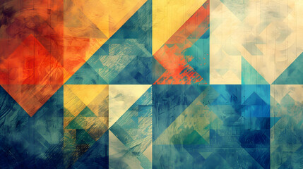 Abstract geometric composition with vibrant colors and textures.