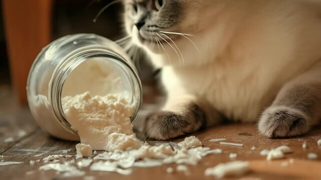 A curious cat examines a glass jar that tipped over, spilling cream onto a wooden floor in a comfortable indoor space