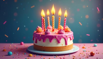 A whimsical cartoon cake with lit candles and streamers , special occasion, joyful