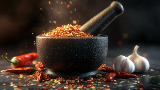 Close-up of a mortar and pestle filled with vibrant spices, surrounded by garlic and chili peppers