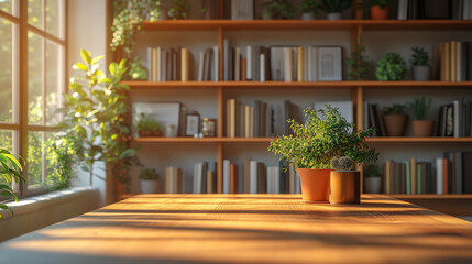 A Scandinavian-style interior features a table in the foreground and a background bookshelf, ideal for product presentation mockups