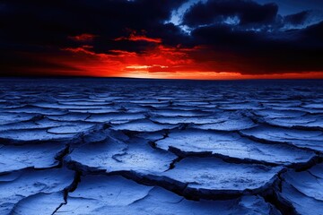 Cracked earth landscape meets dramatic fiery sunset sky, creating an eerie, surreal, desolate vista
