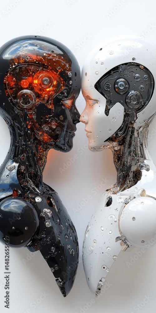 Poster abstract robots close together with interlocking gears and metal structures