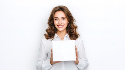 Fototapeta premium Cheerful Businesswoman Holding a Box on a White Background