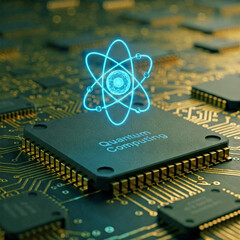 A quantum computing chip with an illuminated atom on top as a new technology concept