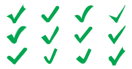 Set of green checkmark icons in various styles. Green checkmark tick icon. Green check mark icon set, hand-drawn checkmark illustration, approval check icon isolated on transparent green check mark. © Creative Sparkle