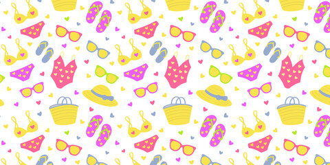 Flat cartoon style summer pattern with beachwear. Swimsuits, flip flops, sunglasses and bags repeating design.