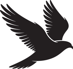 Obraz premium Black silhouette of a soaring bird with spread wings, representing freedom, flight, wildlife, and nature in minimalist vector style