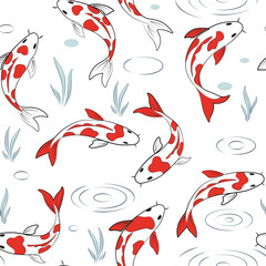 Japanese red fishes illustration. Koi fish seamless pattern. Continuous pattern with pond koi fish. Decorative water white background.