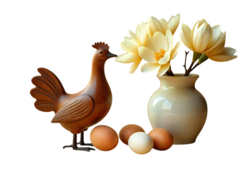 Wooden Rooster Figurine with Eggs and Magnolia Flowers A Rustic Still Life